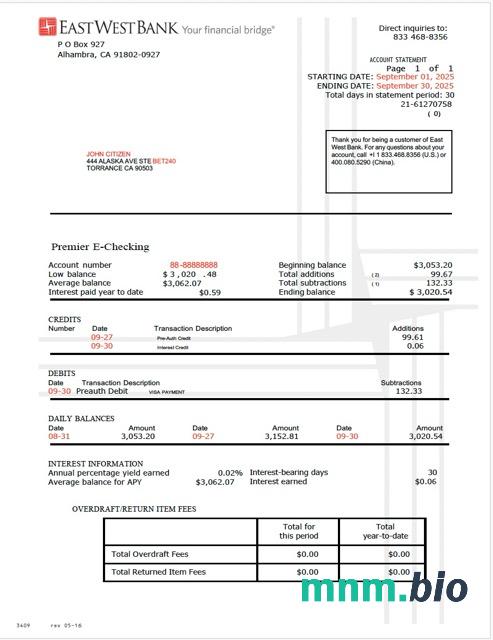 USA Eastern wyciąg bankowy szablon Worda i PDF